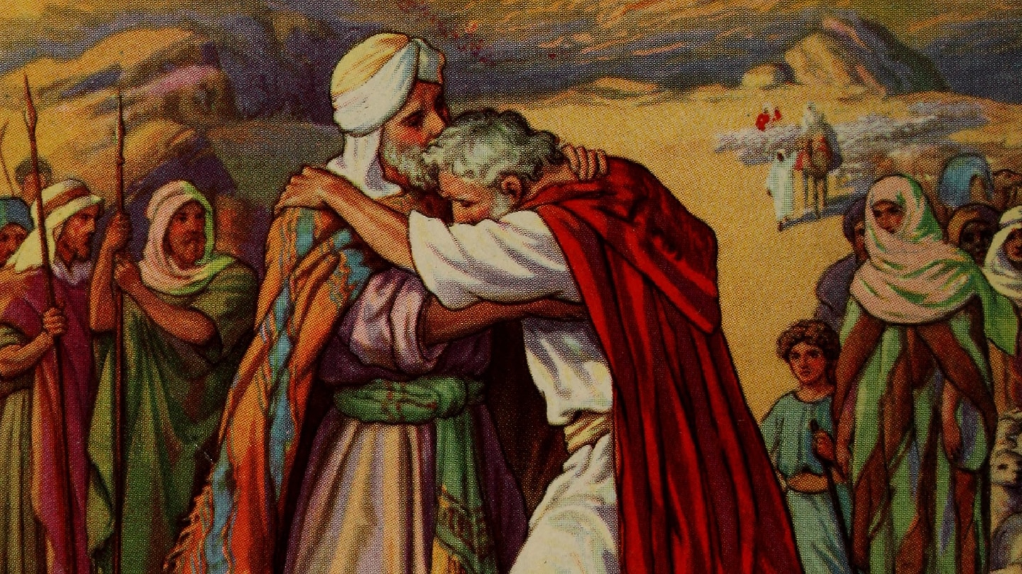 Netivyah | Parashat Vayishlach | Jacob and Esau meet in an illustration from a Sunday school book from 1919