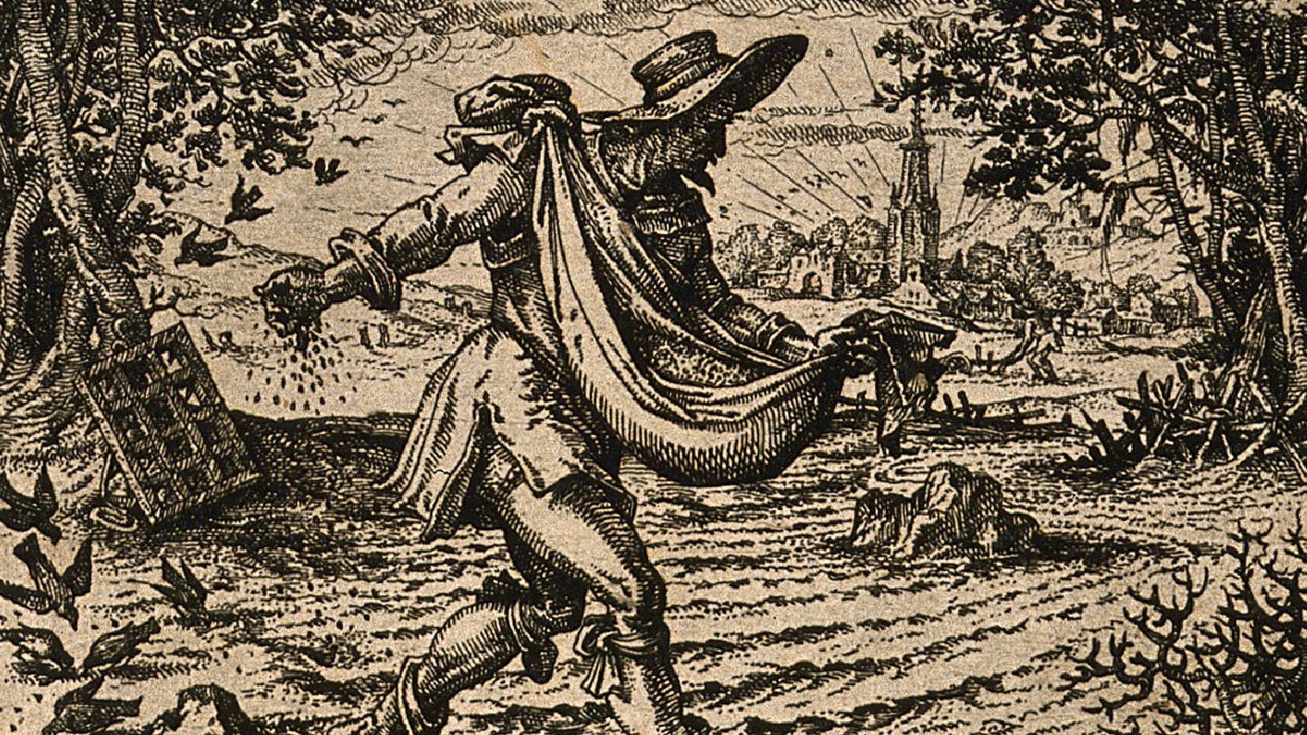 Netivyah | Sukkot | A man scatters seeds; representing the Parable of the Sower (Matthew 13) | Etching by C. Murer c. 1600-1614